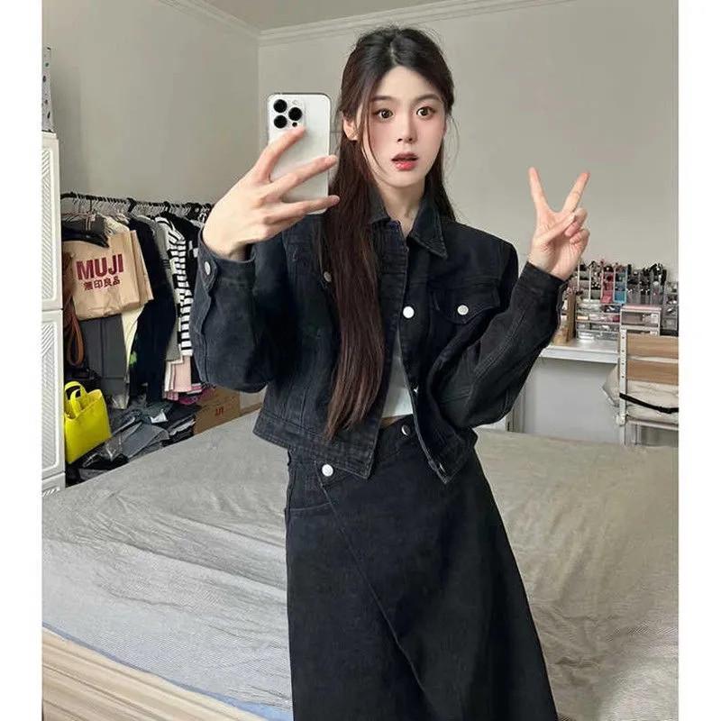 Women's Winter 2025 Korean Style Black Denim Jacket & A-line Skirt Set