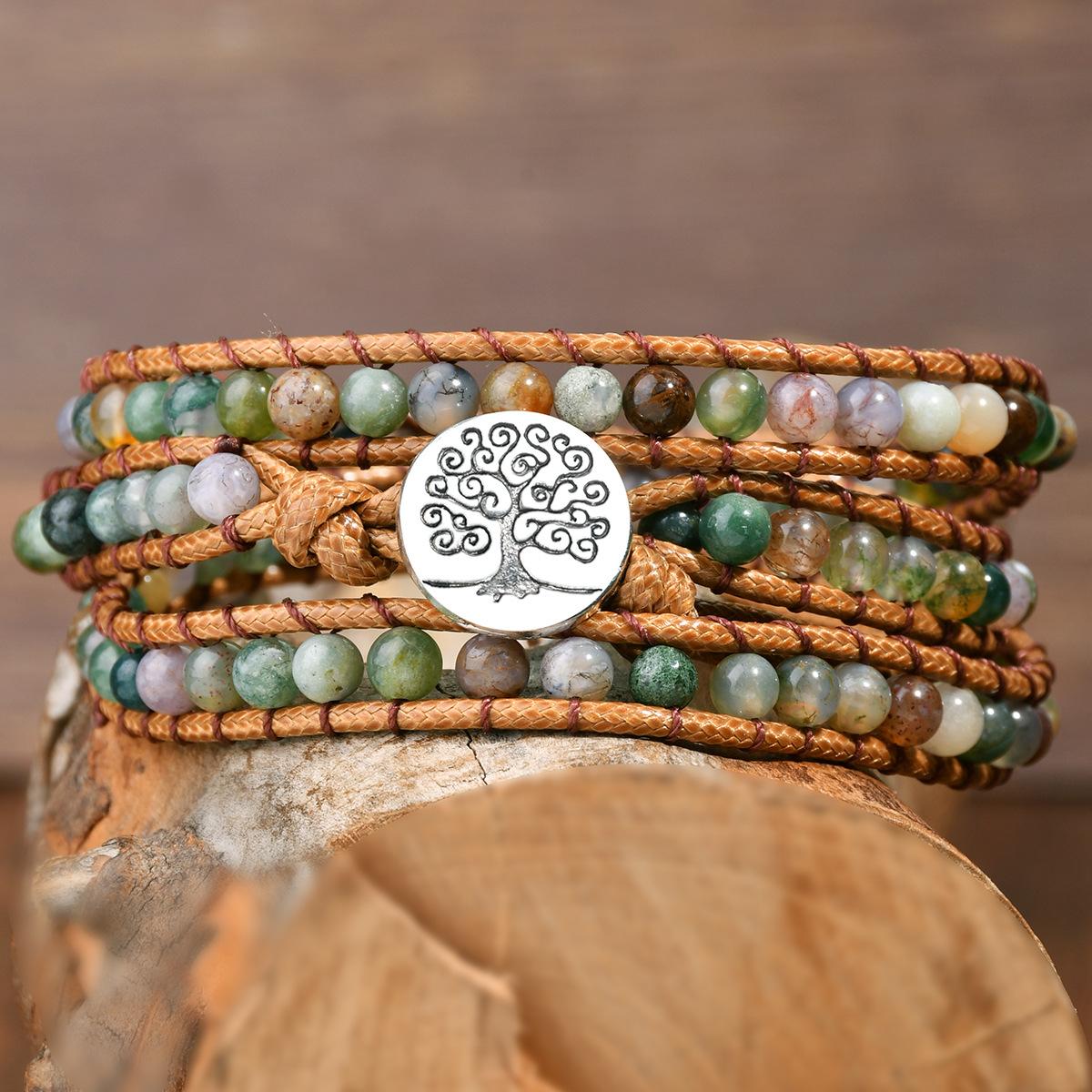 

Браслет-обертка ручной работы в стиле бохо – кожа и бусины из яшмы и хрусталя для женщин