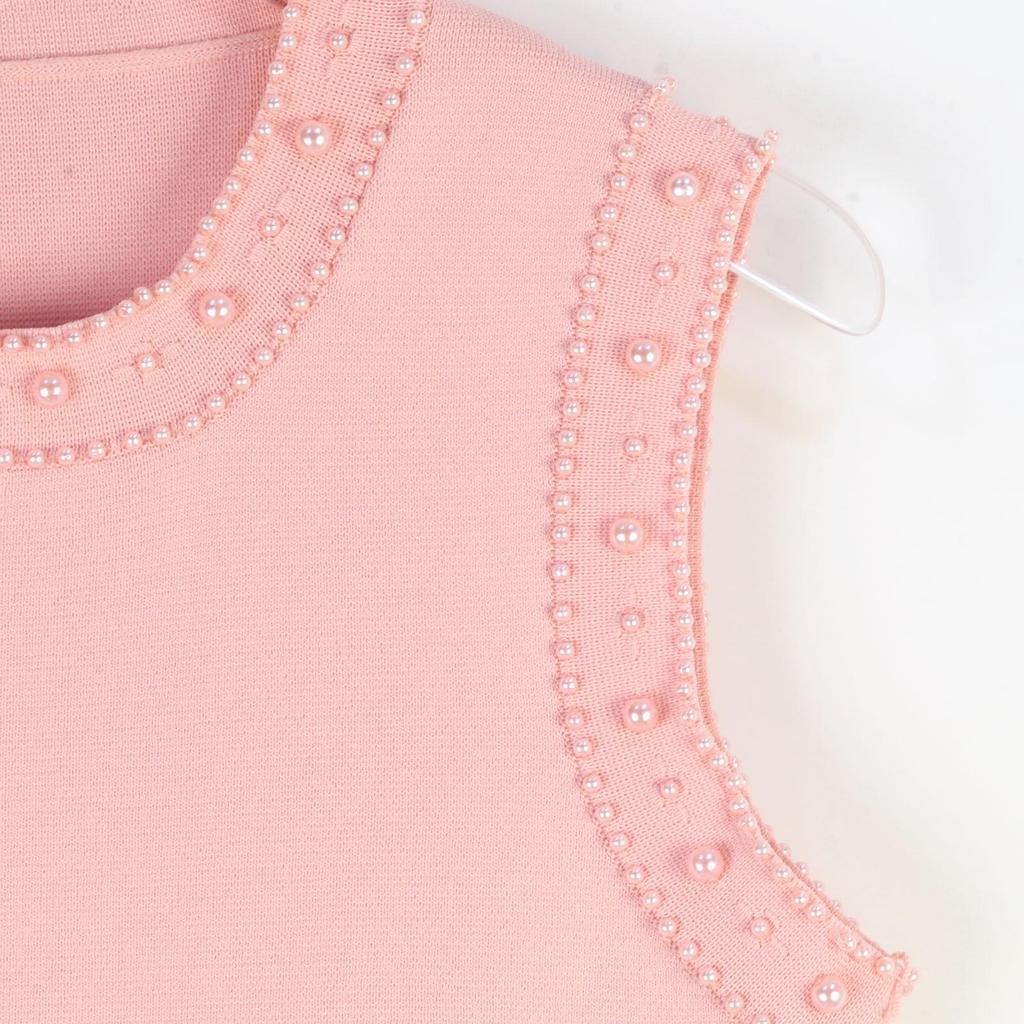 Elegant French Knitted Dress: Sleeveless, Beaded, Hollow-out Design, Slim Fit, Round Neck - Perfect for Spring/Summer