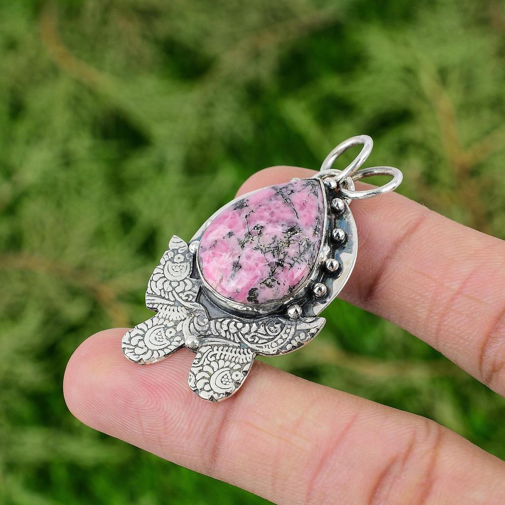 Daughters Day Deal 925 Silver Rhodonite Gemstone Bezel Birthday Pendant Jewelry