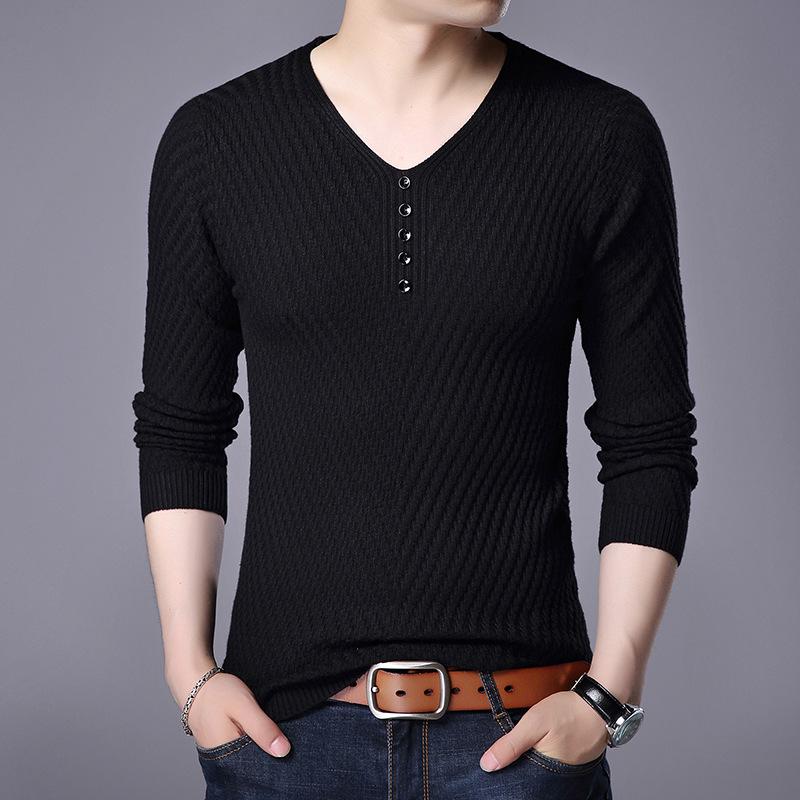 Men's Black V-neck Henley Knit Sweater Textured Long Sleeve Casual Pullover