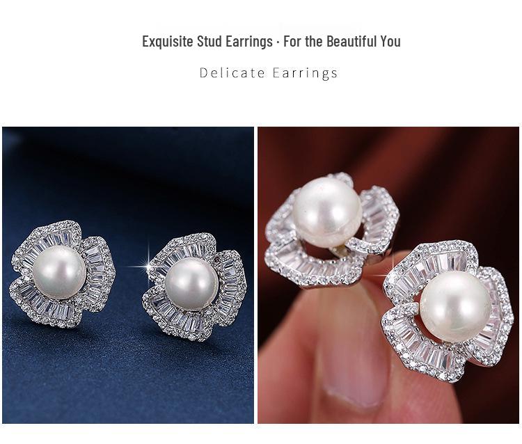 Elegant Pearl and Rhinestone Stud Earrings - Women's Stylish European and American Copper Accessories
