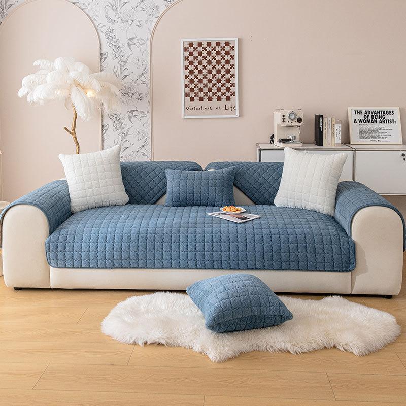 Kanin Plysj Sofatrekk Tykkere Sklisikkert Sofatrekk Ensfarvet Rutete for Stue Slipcover Varm Universal Sofapute