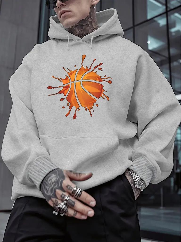 Herren lässiges Kapuzensweatshirt - leuchtend rot BRO Basketballmuster Aufdruck, langärmeliger Pullover mit Vordertasche, maschinenwaschbar
