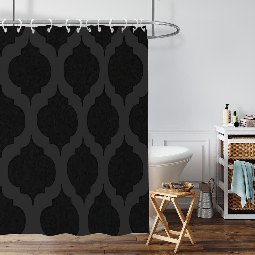 1pc Geometric Print Waterproof Black Shower Partition Privacy Hanging Curtain with 12 Hooks Multiple Sizes Easy Installation
