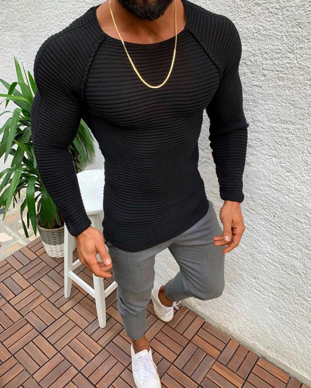 Men s Solid Color Round Neck Striped Sweater - European & American Korean Style Knitwear XXXL чёрный