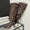 Eilyken Design Style Pleated Thin Heels Women Knee-High Long Boots Autumn Winter Pointed Toe Stripper Prom Ladies Shoes