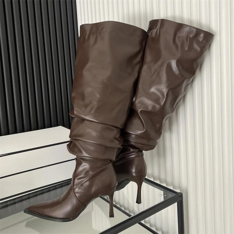 Eilyken Design Style Pleated Thin Heels Women Knee-High Long Boots Autumn Winter Pointed Toe Stripper Prom Ladies Shoes