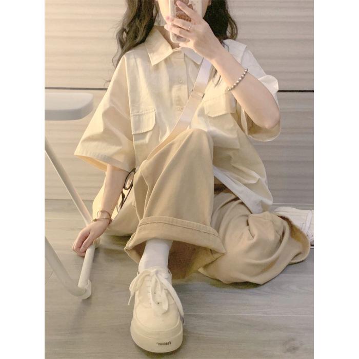 Women's Japanese Academy Style Polo Shirt & Long Pants Casual Summer Two-Piece Set