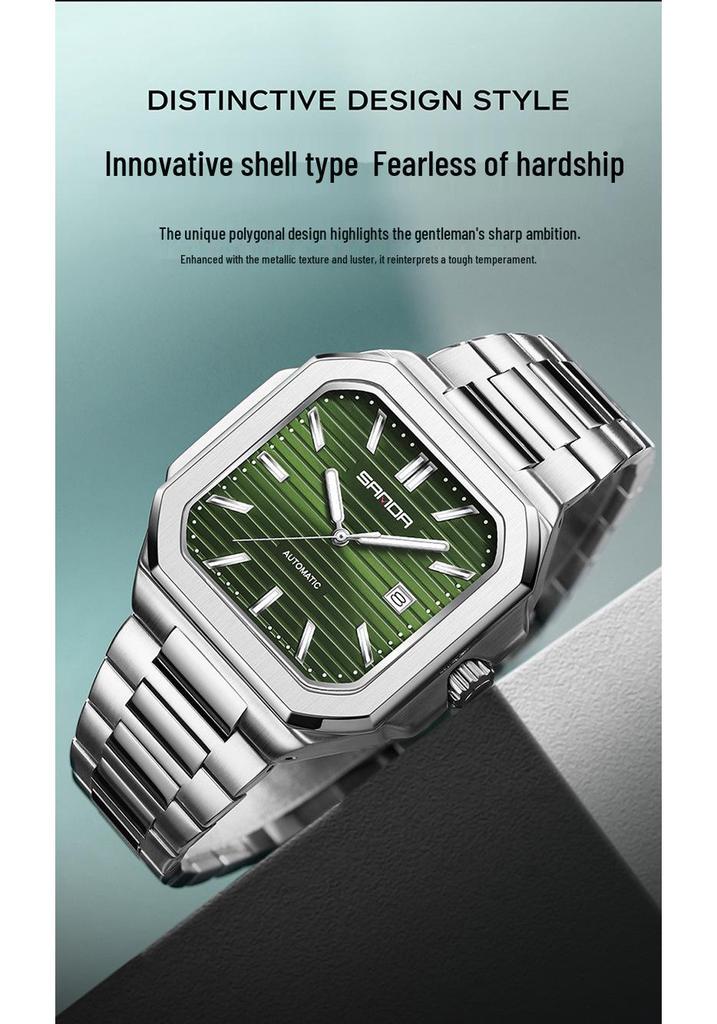 Sanda Herren Quadratische Mechanische Uhr, Schlichtes Design, Kalender, Wasserdicht, Massives Stahlarmband, Business-Stil