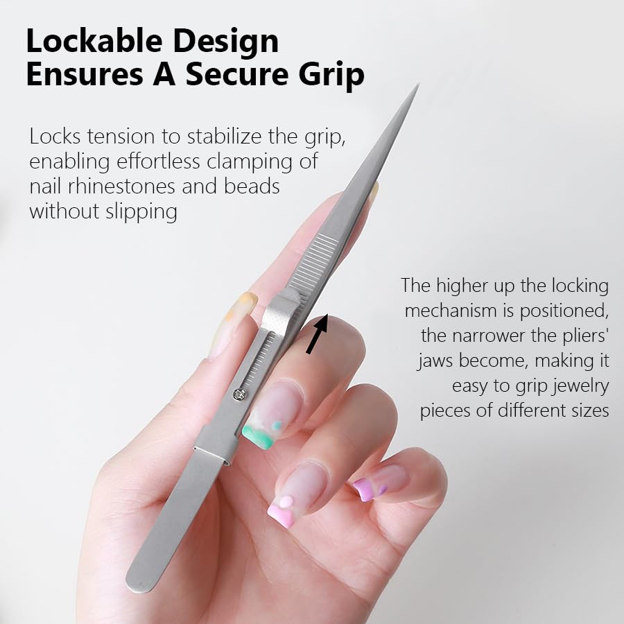 Anti-Slip with Lock Nail Art Tweezers, Density Fine Tip Rhinestones Gem Beads Pickup Tool for Acrylic Nails, nail art tweezers