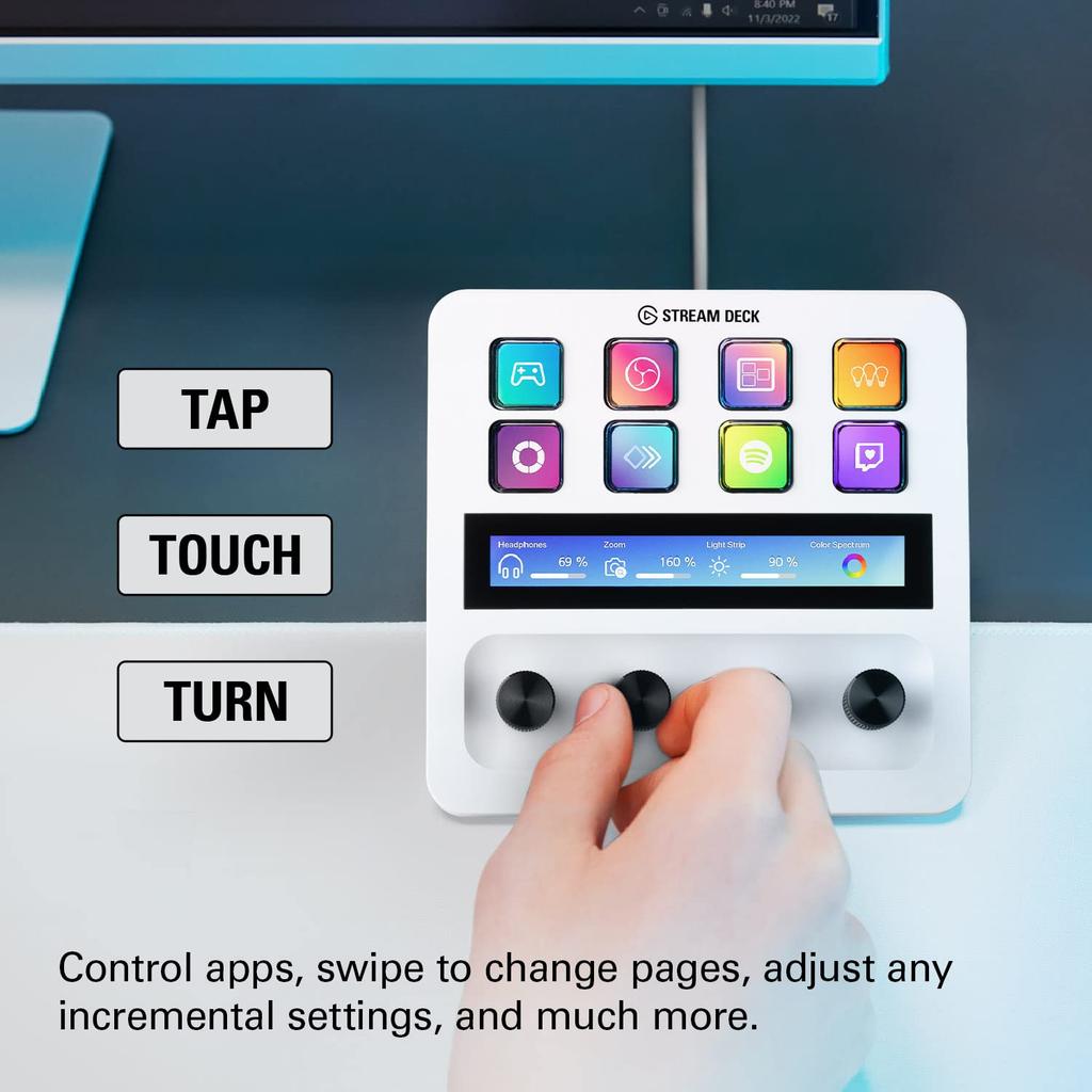 Elgato Stream Deck White Audio Mixer Production Console Studio Controller კონტენტის შემქმნელი თამაშების სტრიმინგისთვის რეგულირებადი სენსორული ზოლის ციფერბლატით და