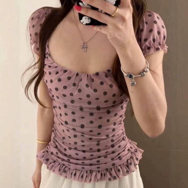 French sweet polka dot bubble sleeve niche T-shirt women's summer new slim and thin high-end mesh top