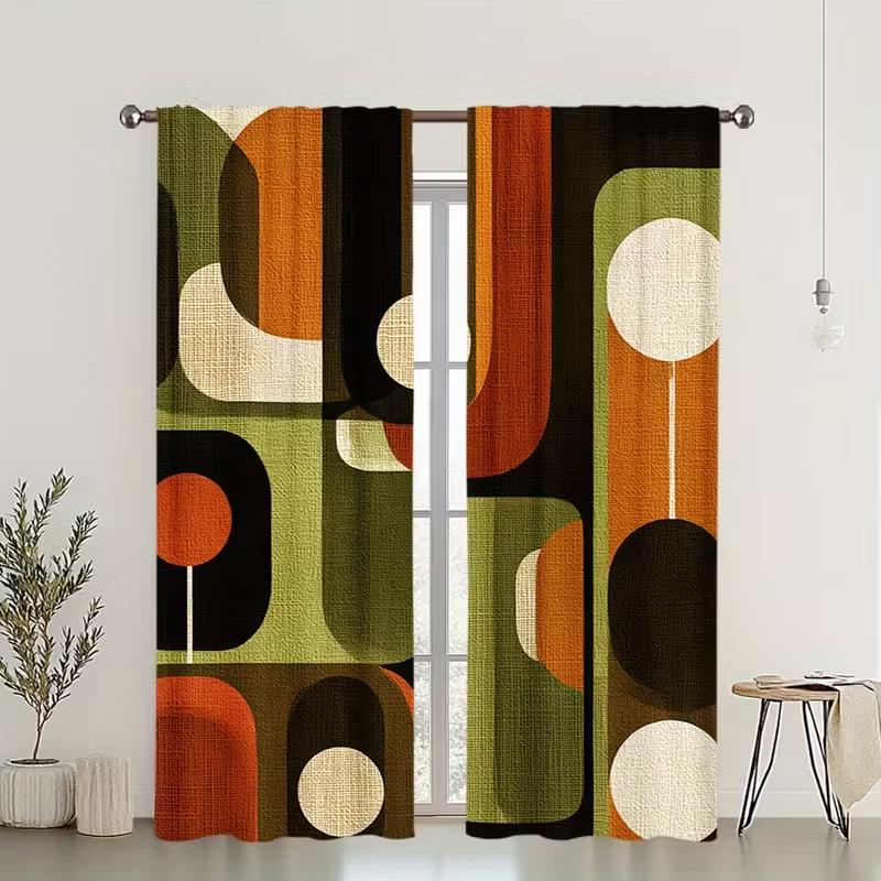 Moderní Retro Geometrický Vzor ze Střední Éry Závěsy Navržené Blokující Světlo Prémiový Materiál Vhodný do Obývacího Pokoj Set 2 Kusů Vyrobeno Polyester