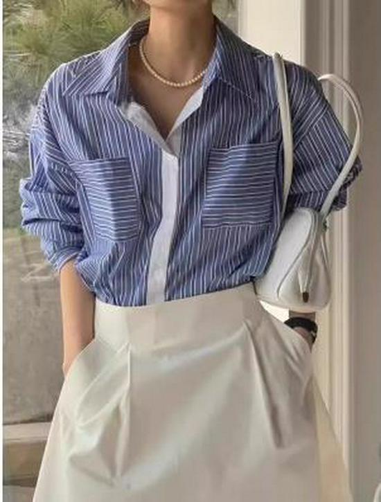 

Корейский шик Весна 2025 Ретро полосатая рубашка: Отложной воротник, двойные карманы, свободный крой, длинные рукава с цветными блоками для женщин. Large синий