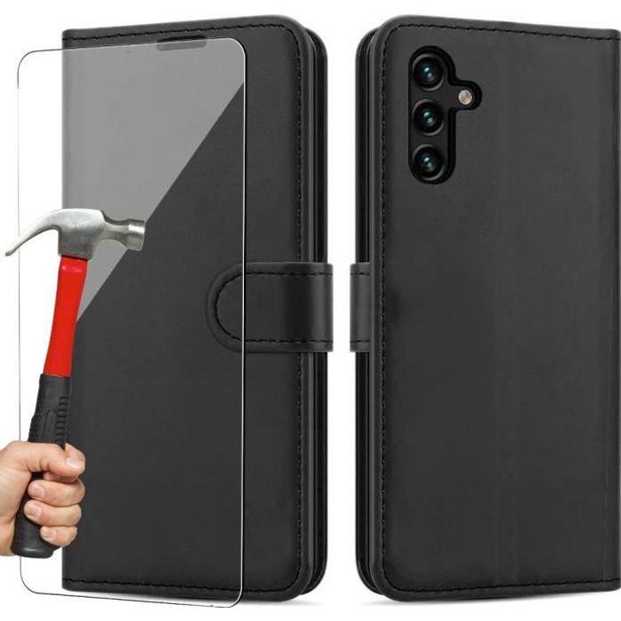 Coque Portefeuille - Effect Cuir - Samsung A04s - Noir - 2 Verres Trempés - Fermeture Magnétique