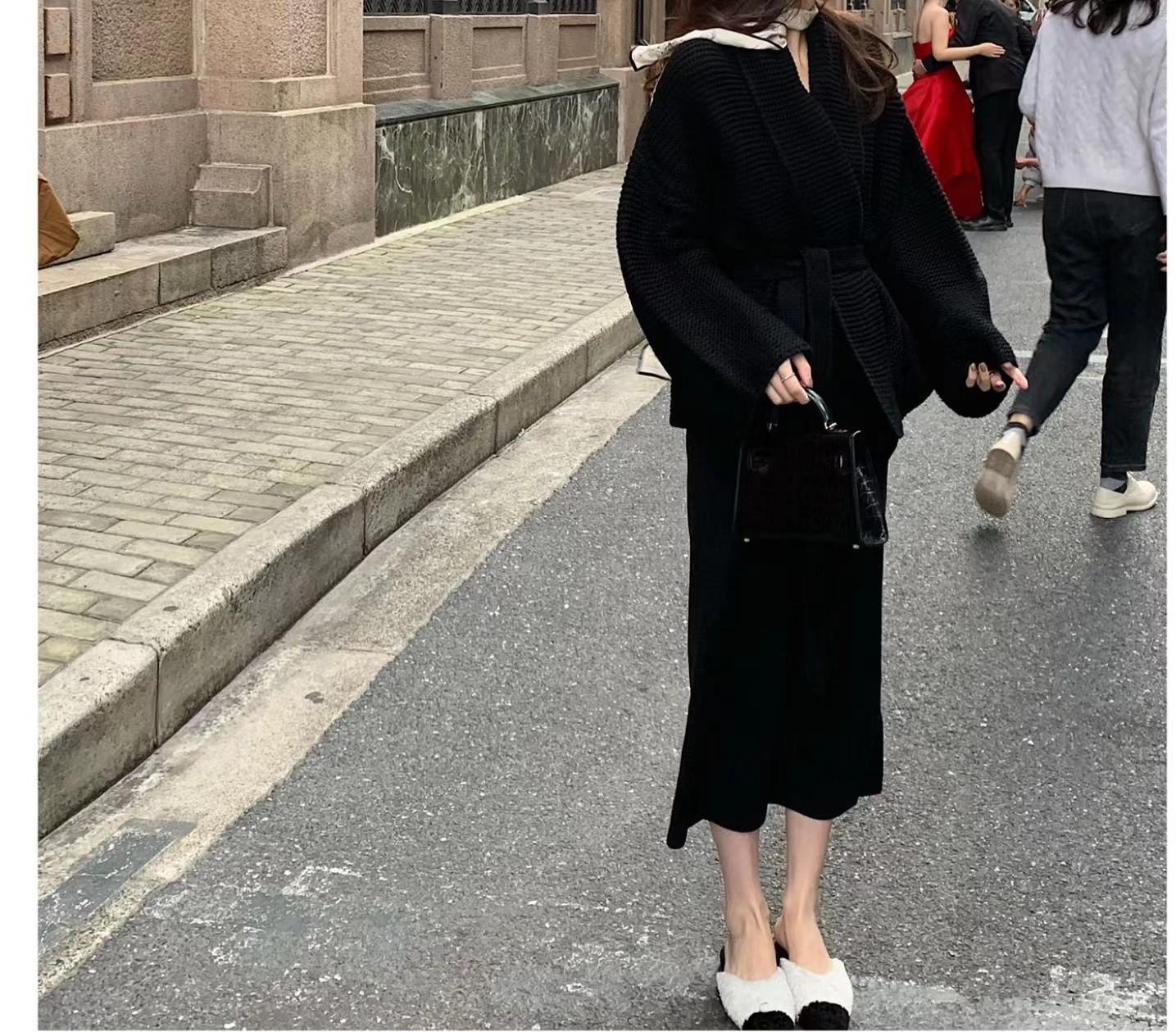 

Sensory collar knitted cardigan jacket top autumn and winter lazy wind waist strap thick sweater for women one size fits all чёрный