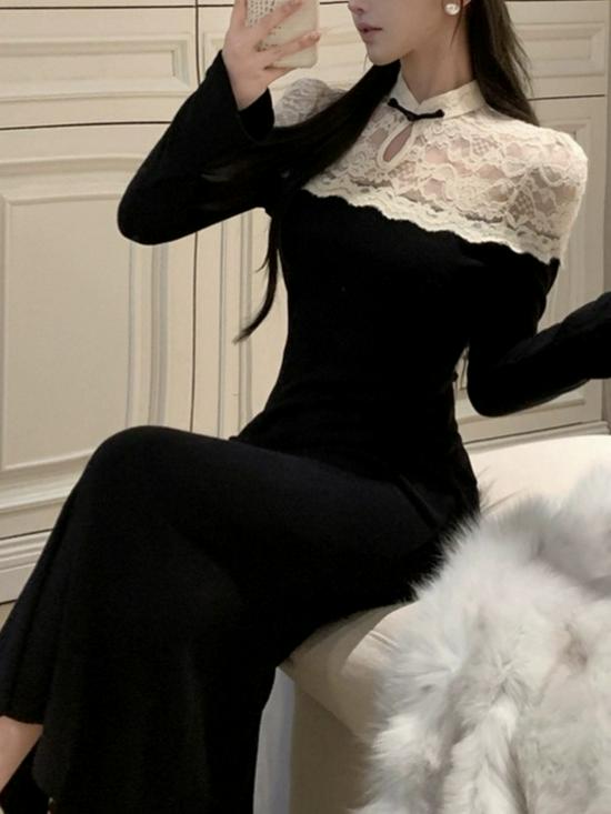 Elegant Lace Splicing Fishtail Qipao: Autumn/Winter Slim Hip-Hugging Long Dress for Women
