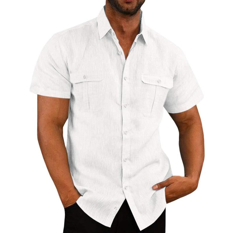 Men Linen Blend Short Sleeve Button Down Shirt Casual Summer Beach Top With Dual Chest Pockets