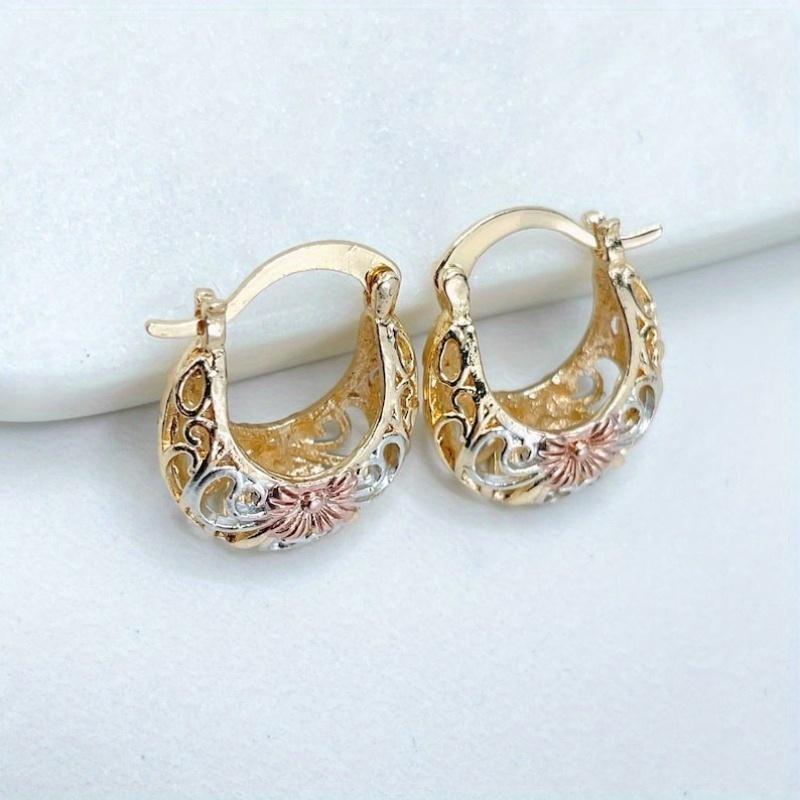 Vintage Exquisite Hand Carved Hollowed Flower Basket Shaped Hoop Earrings Women's Elegant Banquet Festival Golden Plated Jewelry