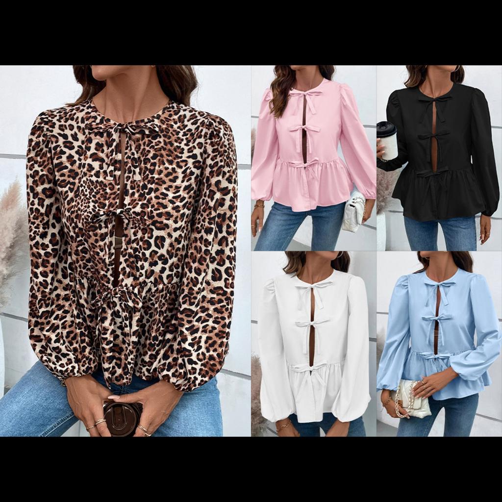 Women's European American Casual Loose Sexy Tie-button Shirt Blouse Top