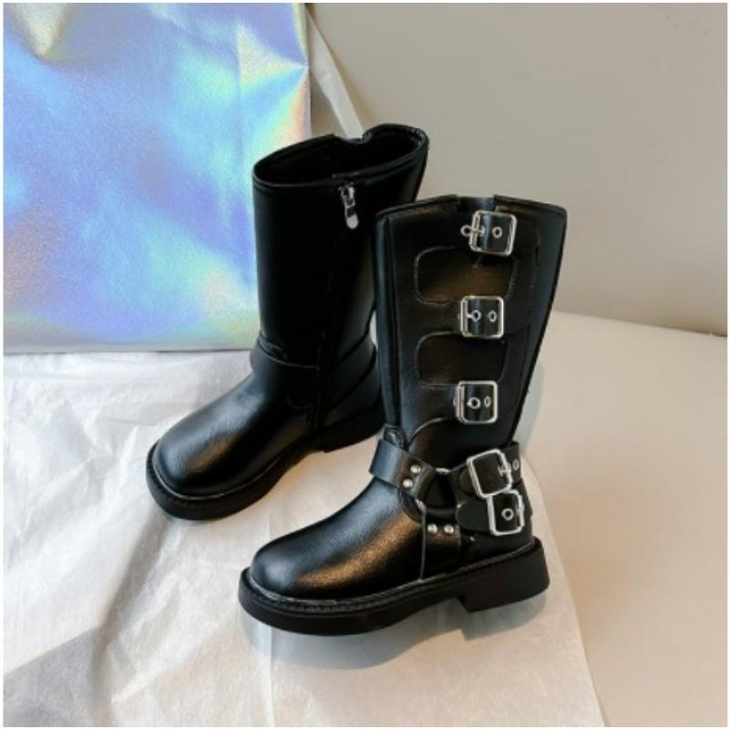 Children's Fashionable Long Tube Boots with Fleece Winter New Style Girls' Side Zipper Black Denim Leather Boots Cotton Boots Trend