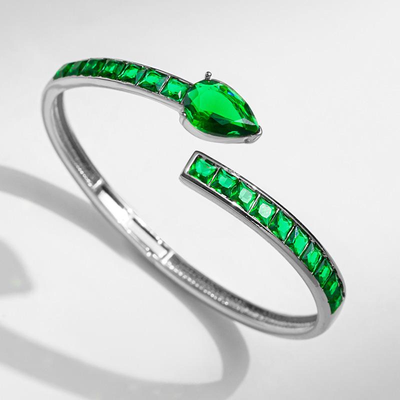 European and American New Open Elastic Bracelet Micro-encrusted Zircon Green Diamond Snake-shaped One  Size(18CM~21CM)