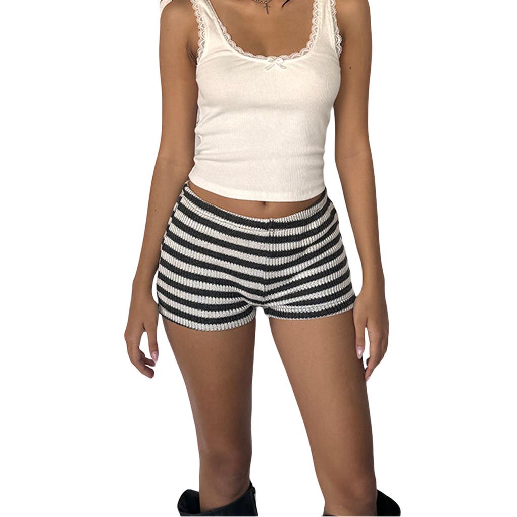 Damen Strickshorts mit Streifenmuster Low Rise Slim Fit Gerades Bein Kurze Hosen Streetwear