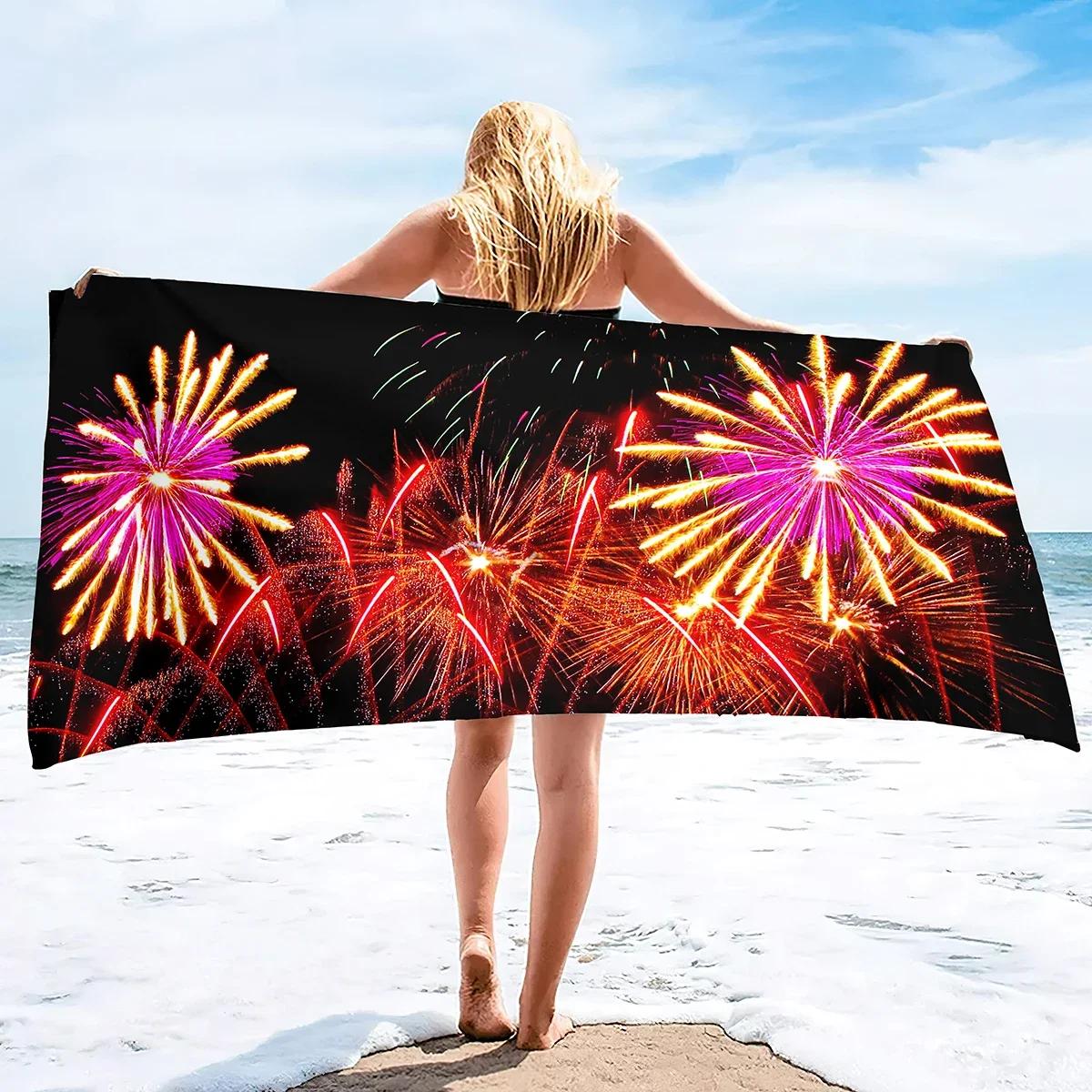 

Fireworks Beach Towels Sand Free Summer Decor Quality Premium Bathroom Washcloth for Beach Guest Hotel Spa Gym Sport Yoga Home W30*H60(CM)