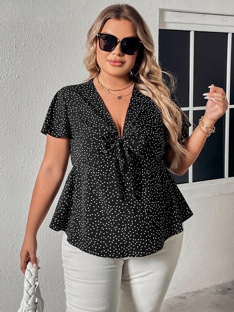 Summer Casual Plus Size Loose V Neck Tops Women Elegant Chic Natural Polka Dot Short Sleeve Top Female Vintage Design Bowknot Flounce Blouse Lady