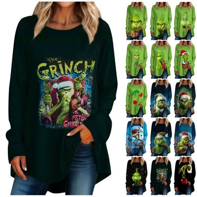 נשים קז'ואל פלוס גודל ארוך שרוולים עגול צווארון חג המולד הדפסת חולצת טריקו חולצה עליונה