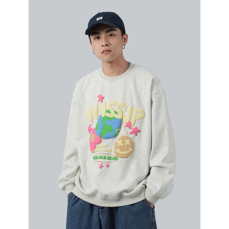 Wassup Heods Foam Stereo Letter Sweatshirt Men's Autumn and Winter Fleece-Lined Versatile Casual Round Neck Top for Couples