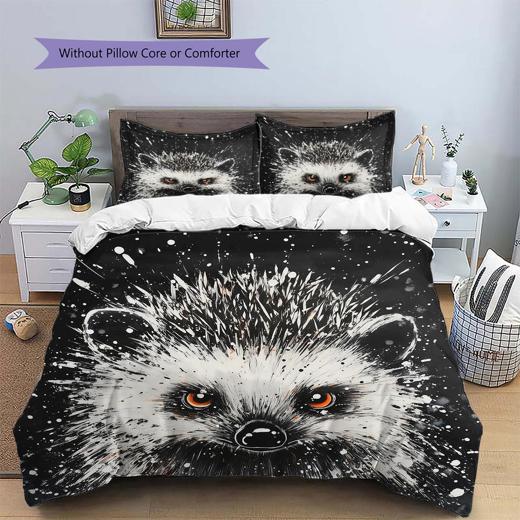 Black Hedgehog Pattern Bedding Home Decoration Birthday Gift (1 * Duvet Cover + 2 * Pillowcase, Without Core)