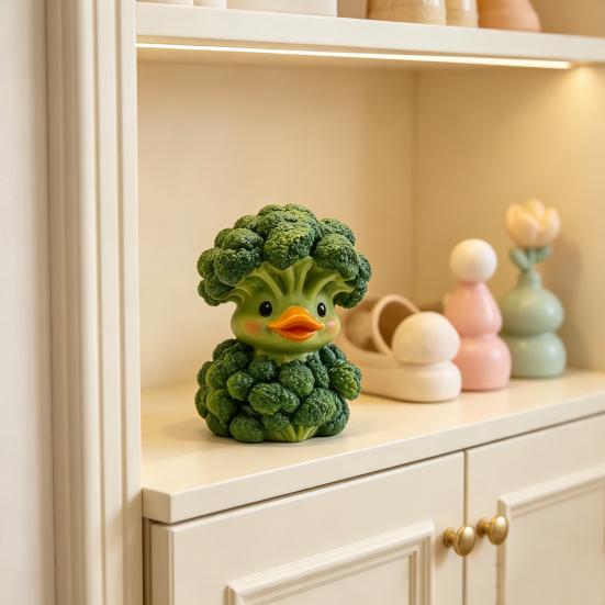 Broccoli Duck Ornament, Resin Veggie Ducks Figurine, Cute Vegetable Duck Decoration for Office Desk Bedroom Living Room Balcony Car Accessories Unique