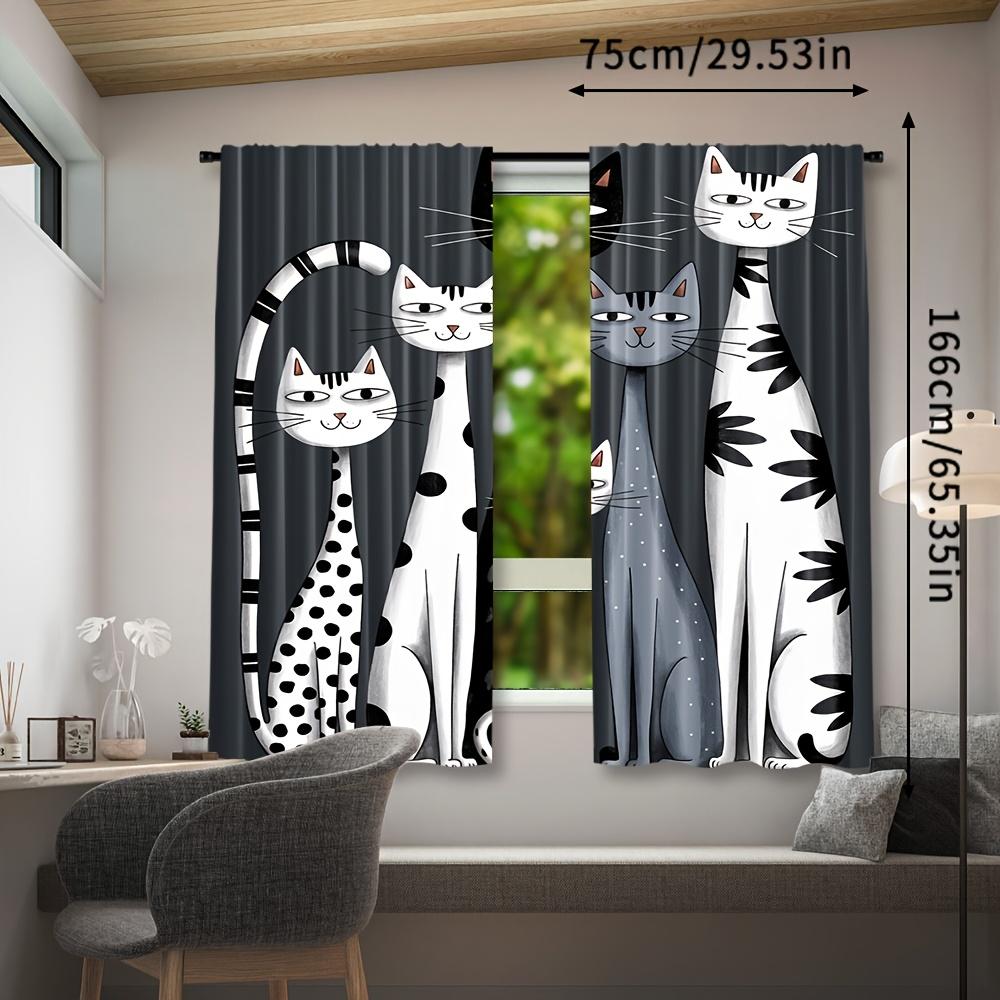 2Pc Cat Print Curtains - Lightweight  Rod Pocket Drapes With Plaid Background, Playful Black Cat Design For Modern Home Decor