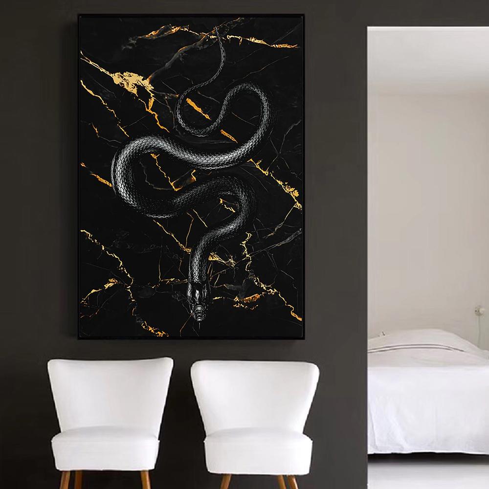Cobra Gothic Tattoo Snake Black and Gold Luxury Wall Art Canvas Painting Prints Dark Living Room Home Modern Posters Mural Animals Ideal Decoration