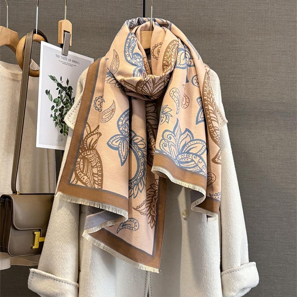 Winter Neck Warmer Scarf For Women Thickened Tassel Pashmina Shawl Cashew Print Faux Cashmere Warps Autumn Elegant Blanket