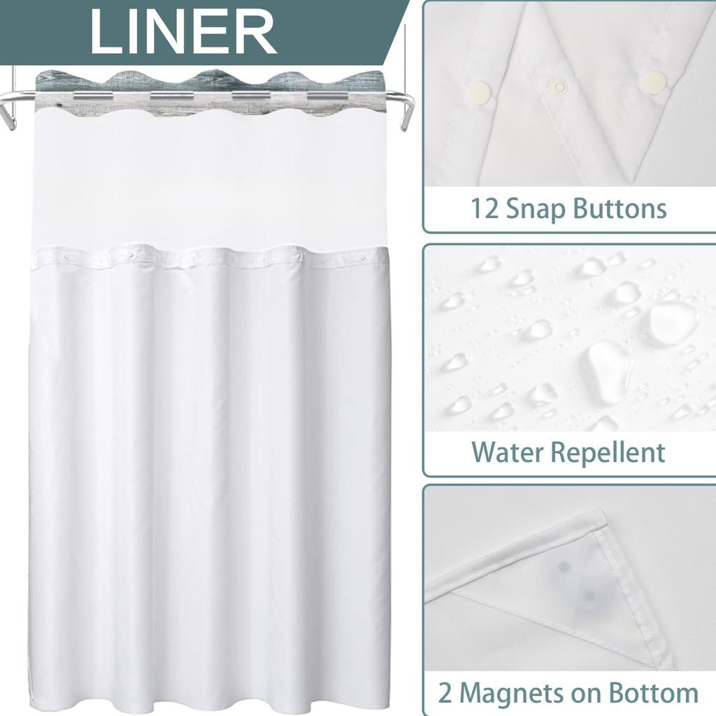 DASHAN No Hook Shower Curtain with Snap In Liner, Rustic Floral Shower Curtains for Bathroom, Teal Flowers Bath Curtain Wood Country Farmhouse Fabric