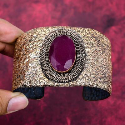Faceted Kashmir Ruby Bangle Copper Wire Wrapped Cuff Bracelet Adjustable Handmade Bangle Gemstone Copper Jewelry Gifts for Him Unique Bangle