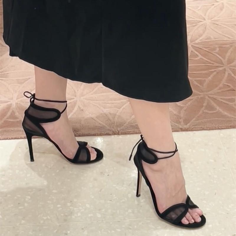 Fashion 2025 Summer Sexy Air Mesh Lace-up Women Gladiator Sandals Fashion Peep toe Stiletto High heels Elegant Lady Banquet Party Shoes