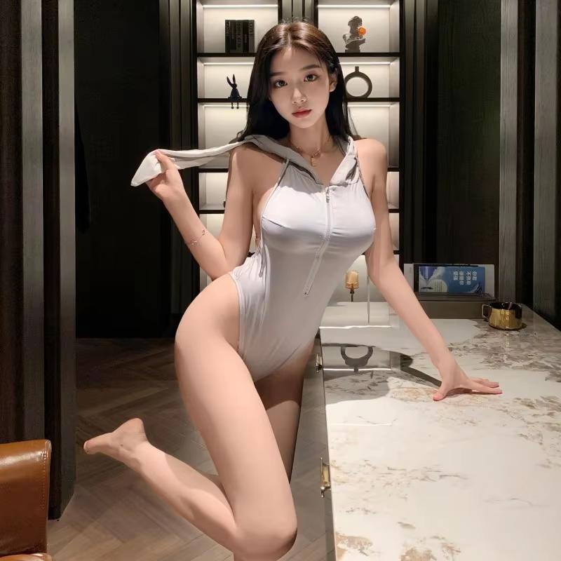 Sexy Lingerie Costume Bunny Girl Body Suit Bunny Gray Women Zipper Backless Long Rabbit Ears Hoodie Pajamas Cosplay Costume