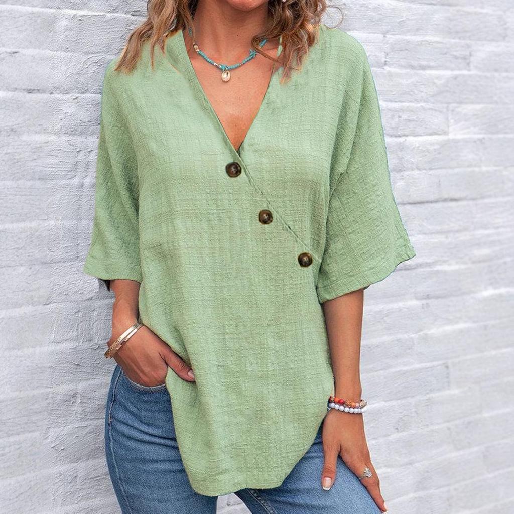 Women's Fashionable Loose Casual V-Neck Color Button Up Top Color Button Up Top