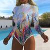 Women Long Sleeve One Piece Swimsuit Zip Front Rose Flower Print Rash Guard Surfing Bathing Suit