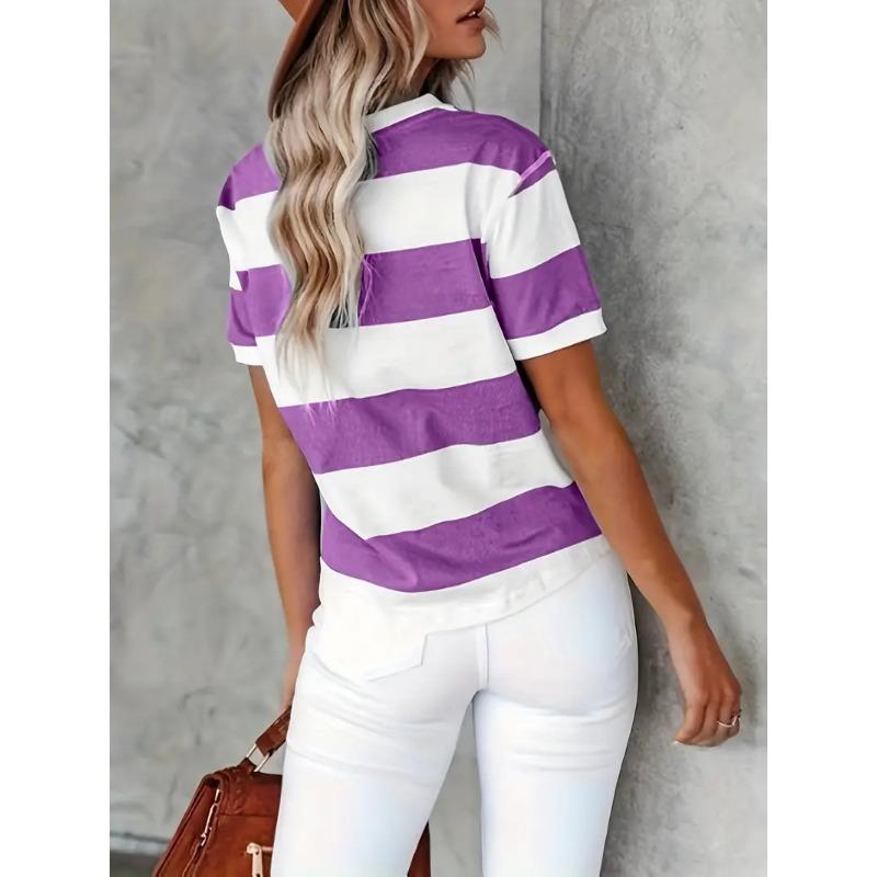 Short Sleeve Striped T-Shirt, Crew Neck Casual Top For Summer & Spring, Women's Clothing