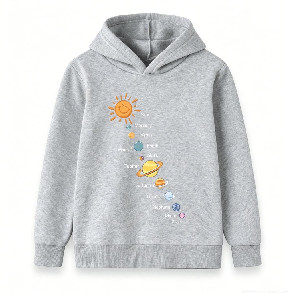 Cartoon Solar System Sun Planets Print Kids Hoodie Boys Girls Casual Long Sleeve Pullover Sweatshirt for Children Daily Wear