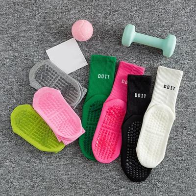 1 Par Calcetines Mujer Acanalados Media Caña Suela Antideslizante Calcetines de Piso Color Sólido Transpirables Yoga Gimnasio