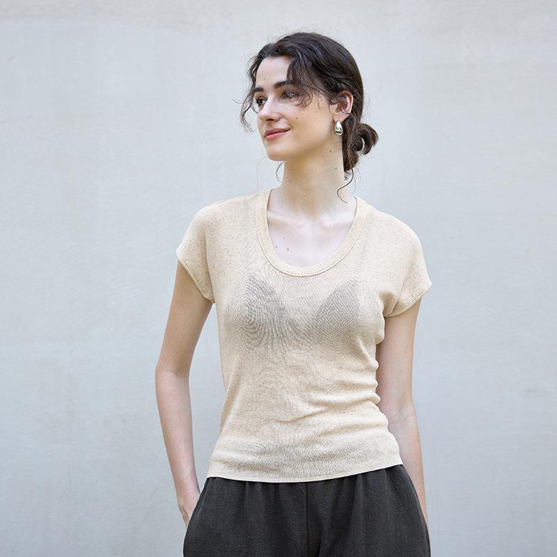 Spring and summer new round neck linen knitted slim-fitting short-sleeved women's high-end basic women's top t Lyocell T-shirt