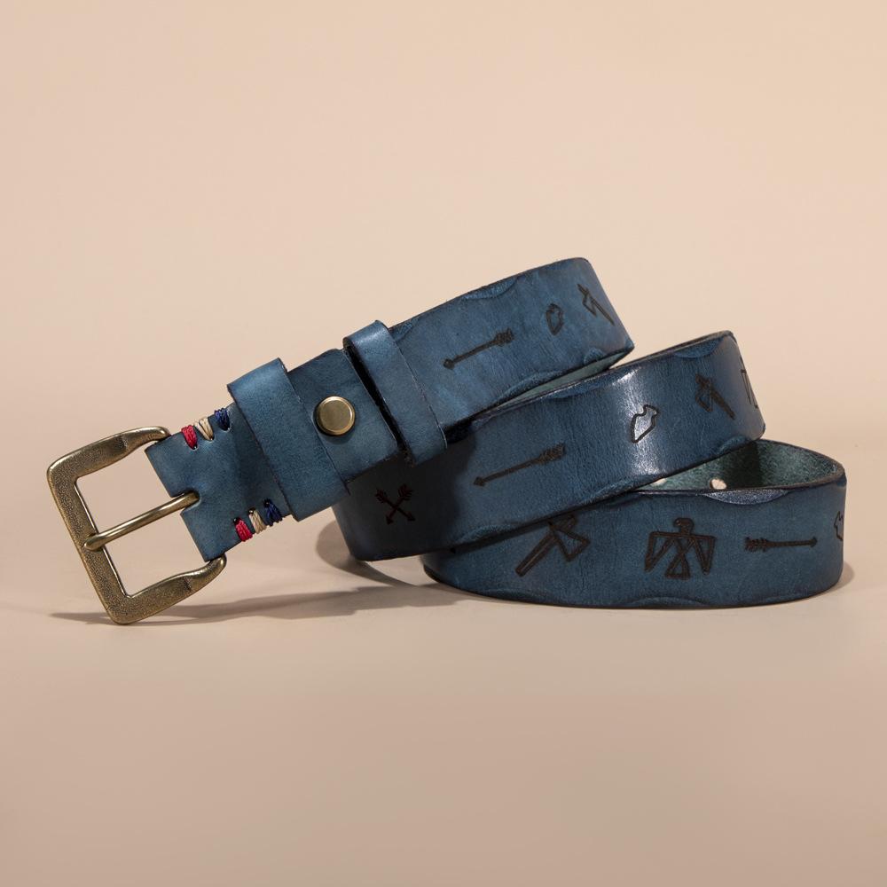 

Ремень из желтой коровьей кожи с медной пряжкой, мужской повседневный ремень в стиле ретро, простой универсальный ремень 110cm-130cm синий