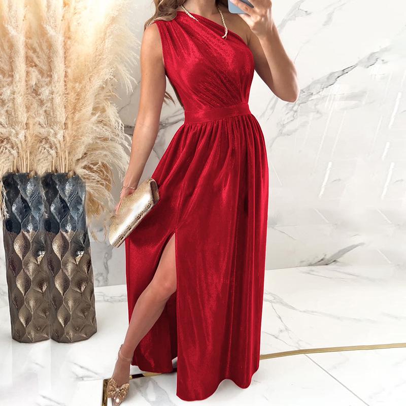 

Shiying Velvet One-Shoulder High Waist Slit Evening Dress Medium червоний