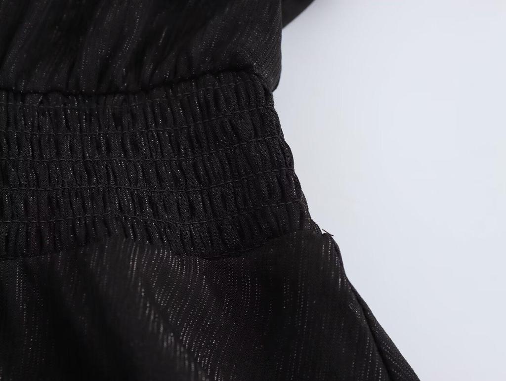 2025 Spring Women's Casual Chiffon V-Neck Long Dress with Gold & Silver Thread